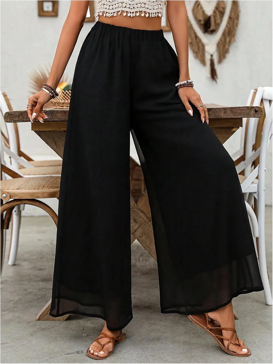 Women's Wide Leg Palazzo Pants Flowy Layered Elastic Waist Vacation Long Trousers