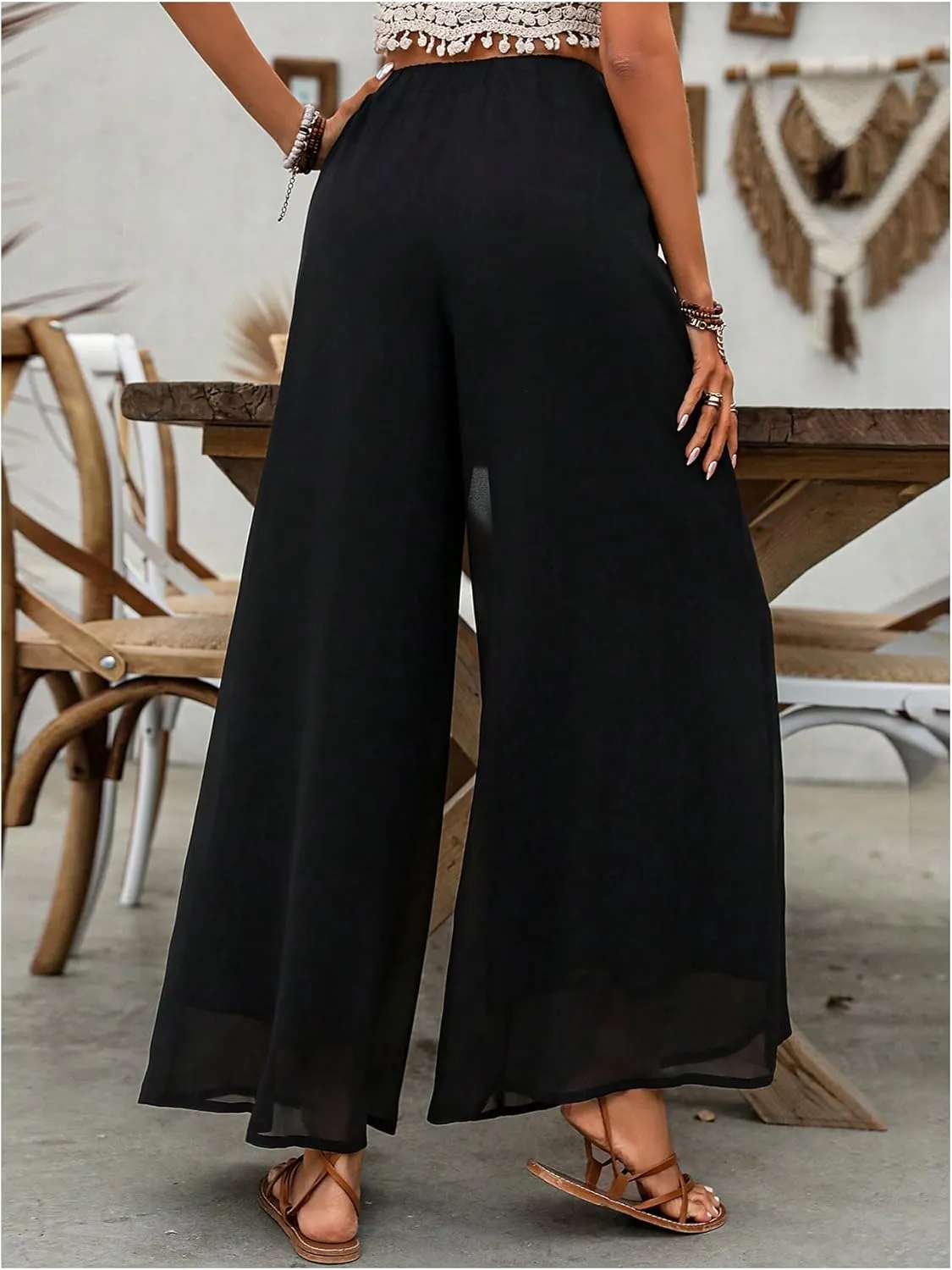 Women's Wide Leg Palazzo Pants Flowy Layered Elastic Waist Vacation Long Trousers