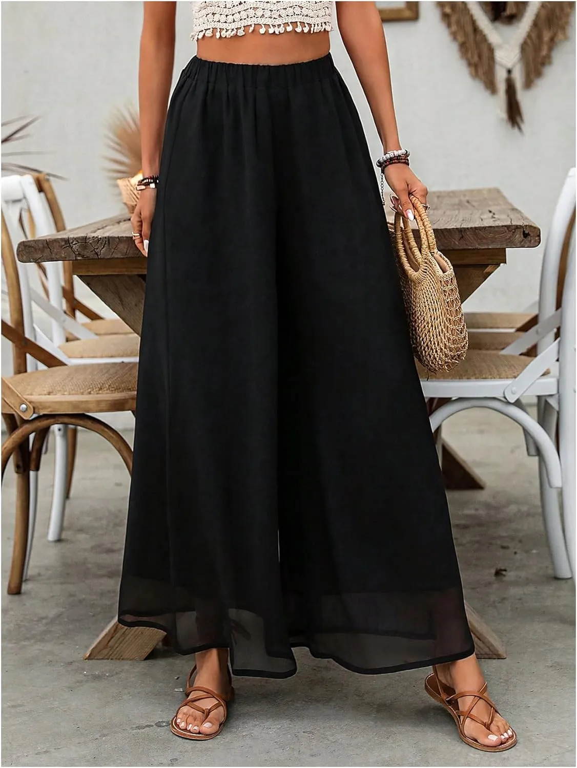 Women's Wide Leg Palazzo Pants Flowy Layered Elastic Waist Vacation Long Trousers