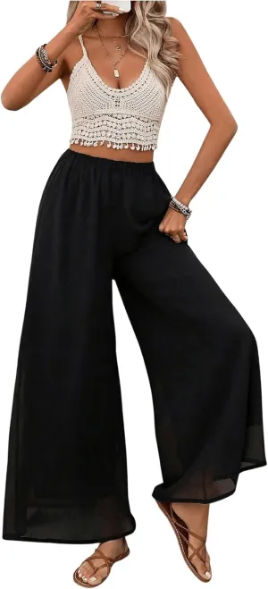 Women's Wide Leg Palazzo Pants Flowy Layered Elastic Waist Vacation Long Trousers