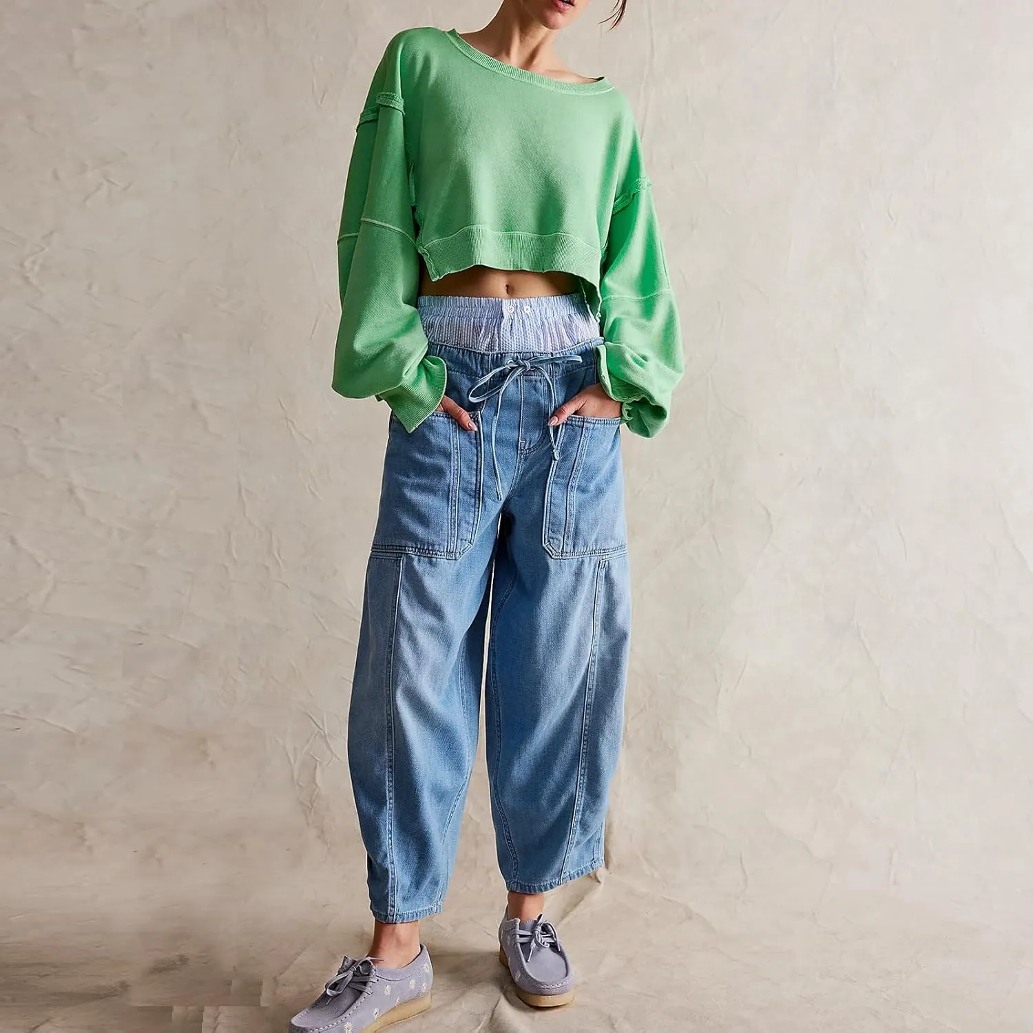Womens Y2k Cropped Sweatshirts Crew Neck Oversized Sweatshirt Loose Long Sleeve Shirts Going Out Fall Fashion