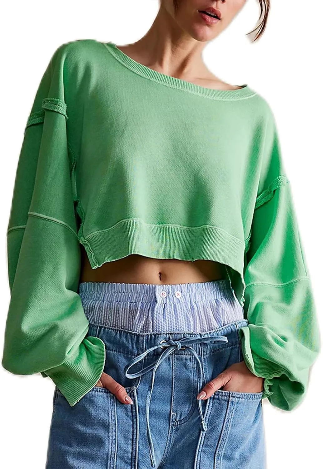 Womens Y2k Cropped Sweatshirts Crew Neck Oversized Sweatshirt Loose Long Sleeve Shirts Going Out Fall Fashion