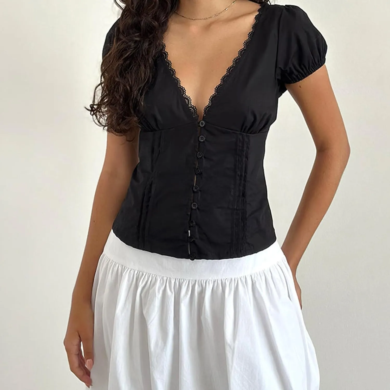 Y2k Button Down Shirts Women Slim Fit Short Sleeve Top Vintage Puff Sleeve Lapel Gingham Summer Going Out Blouse