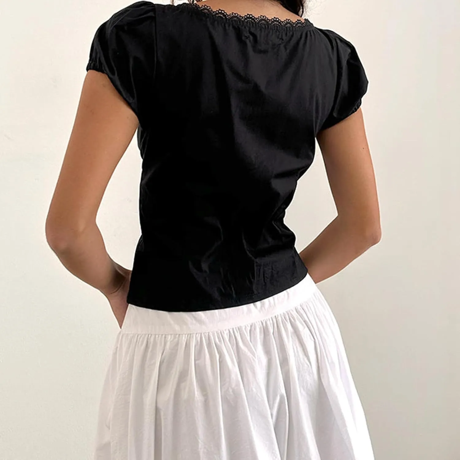 Y2k Button Down Shirts Women Slim Fit Short Sleeve Top Vintage Puff Sleeve Lapel Gingham Summer Going Out Blouse