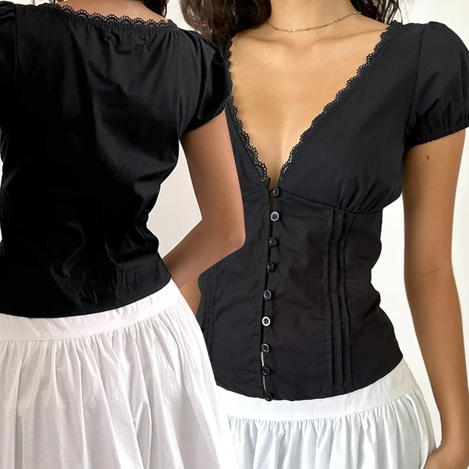 Y2k Button Down Shirts Women Slim Fit Short Sleeve Top Vintage Puff Sleeve Lapel Gingham Summer Going Out Blouse