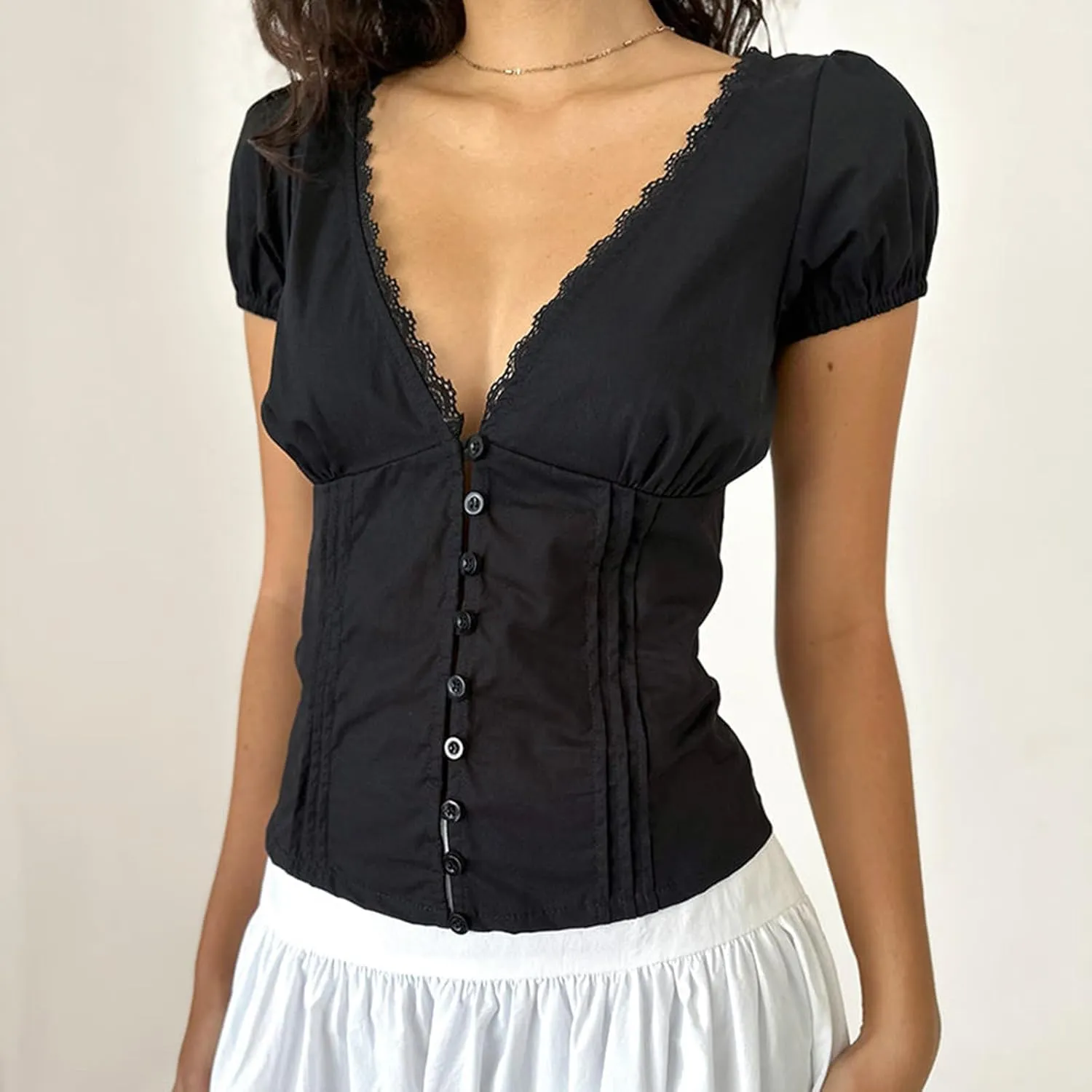 Y2k Button Down Shirts Women Slim Fit Short Sleeve Top Vintage Puff Sleeve Lapel Gingham Summer Going Out Blouse