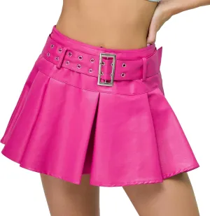 Y2K Mini Skirt Buckle Belted High Waisted Pleated Flare PU Faux Leather Short Goth Skirts for Women