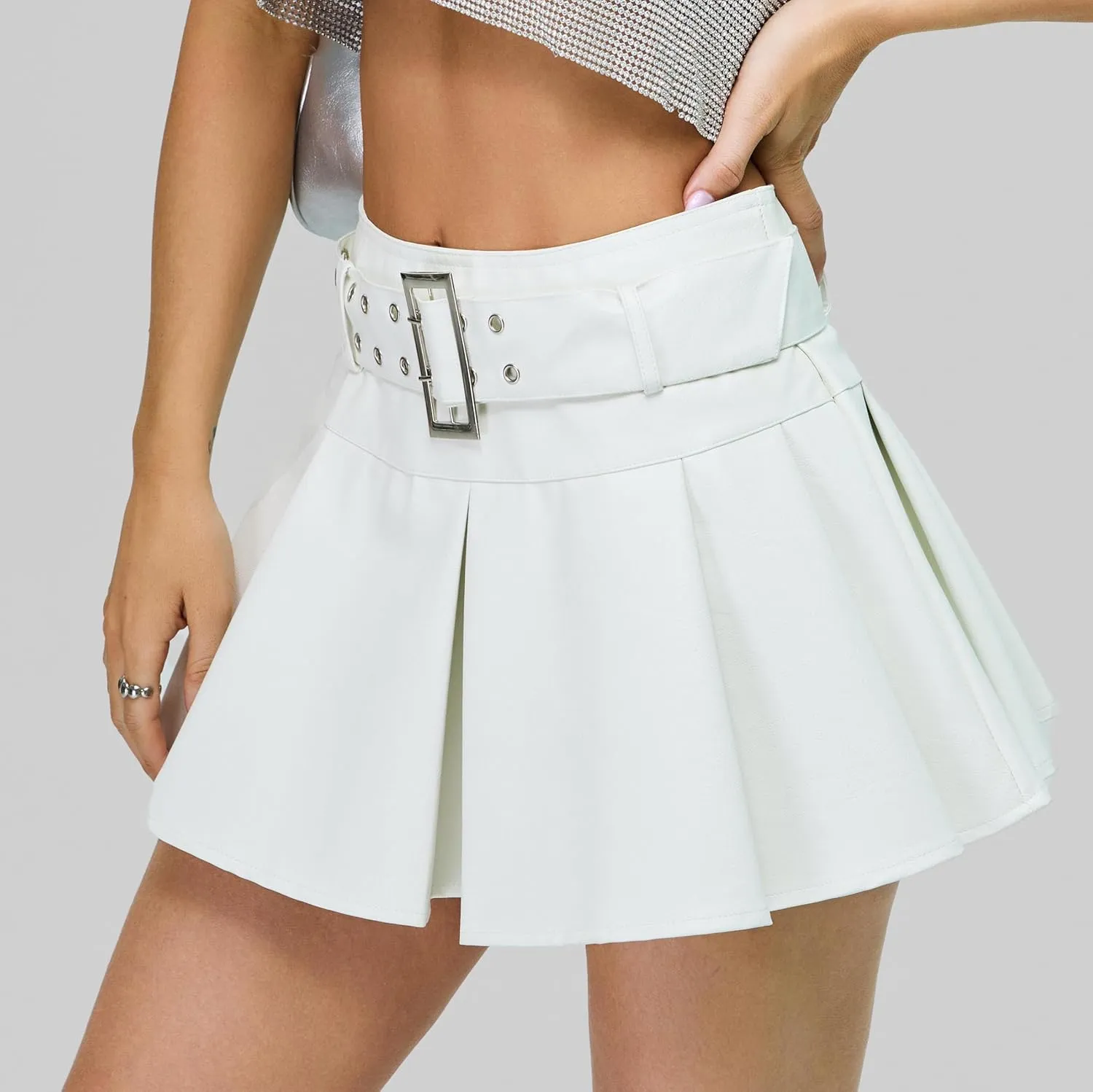 Y2K Mini Skirt Buckle Belted High Waisted Pleated Flare PU Faux Leather Short Goth Skirts for Women
