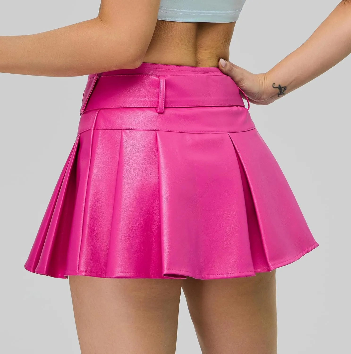 Y2K Mini Skirt Buckle Belted High Waisted Pleated Flare PU Faux Leather Short Goth Skirts for Women
