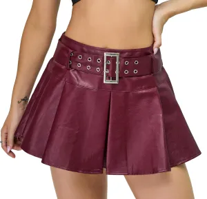 Y2K Mini Skirt Buckle Belted High Waisted Pleated Flare PU Faux Leather Short Goth Skirts for Women