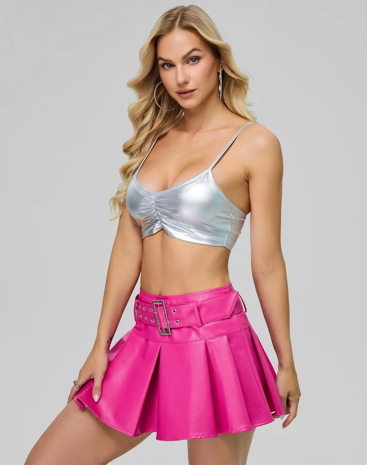 Y2K Mini Skirt Buckle Belted High Waisted Pleated Flare PU Faux Leather Short Goth Skirts for Women