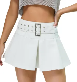Y2K Mini Skirt Buckle Belted High Waisted Pleated Flare PU Faux Leather Short Goth Skirts for Women