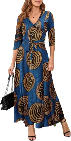 Yajedo Womens Casual Summer Maxi Dress Plus Size Sexy Warp V Neck 3/4 Sleeve Sundress with Poctets