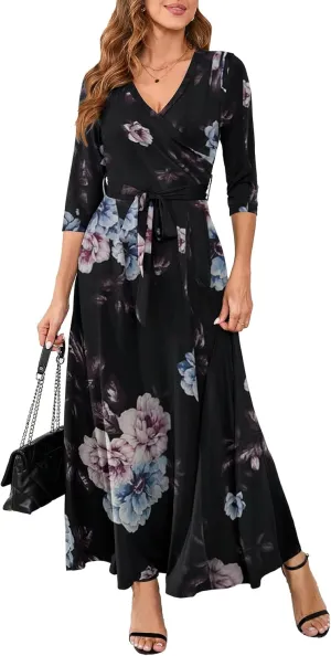Yajedo Womens Casual Summer Maxi Dress Plus Size Sexy Warp V Neck 3/4 Sleeve Sundress with Poctets