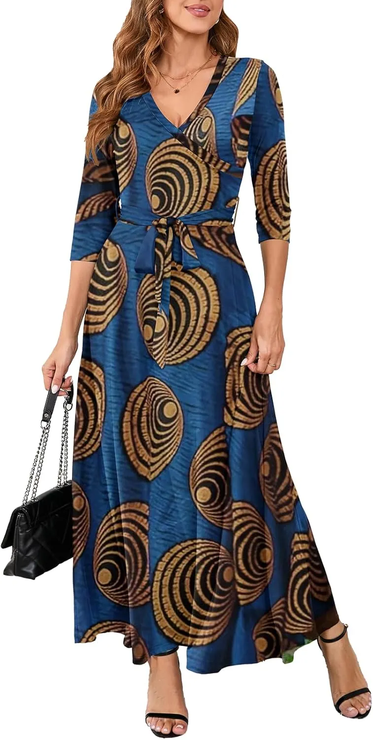 Yajedo Womens Casual Summer Maxi Dress Plus Size Sexy Warp V Neck 3/4 Sleeve Sundress with Poctets