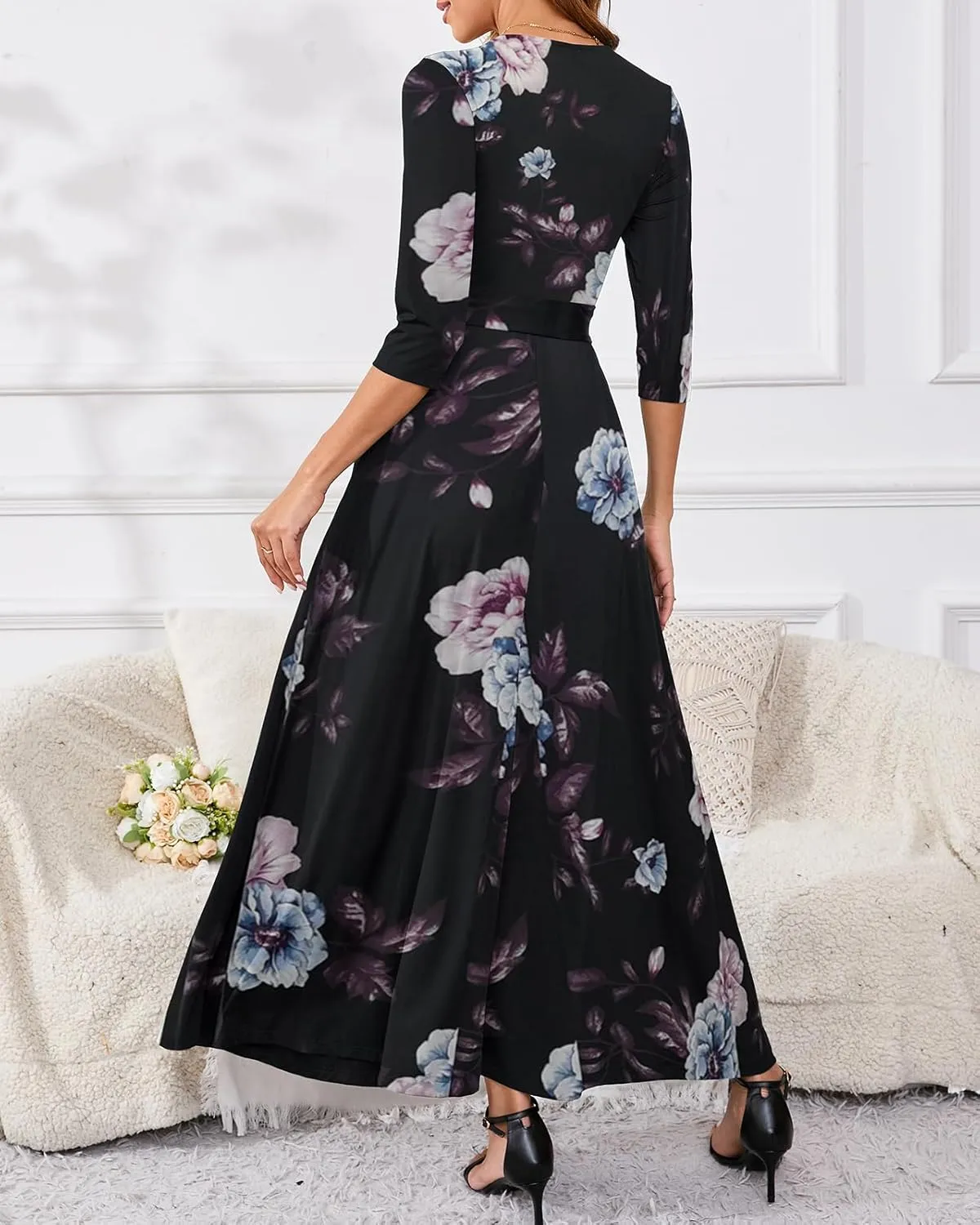 Yajedo Womens Casual Summer Maxi Dress Plus Size Sexy Warp V Neck 3/4 Sleeve Sundress with Poctets