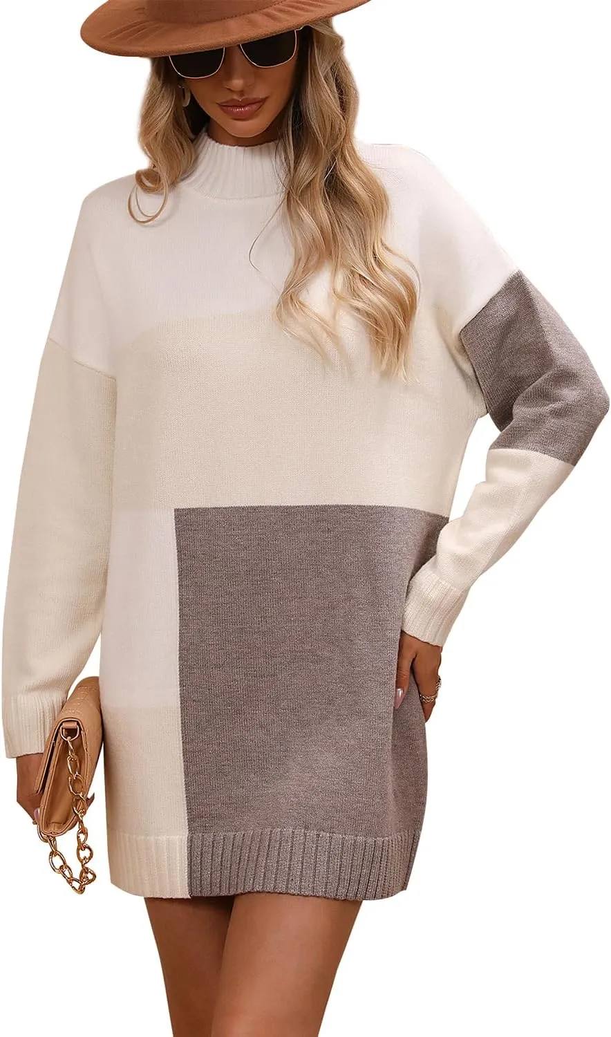 yoeasy Women's Color Block Knit Tunic Sweater Dress Crew Neck Long Sleeve Mini Tunic Pullover Sweater