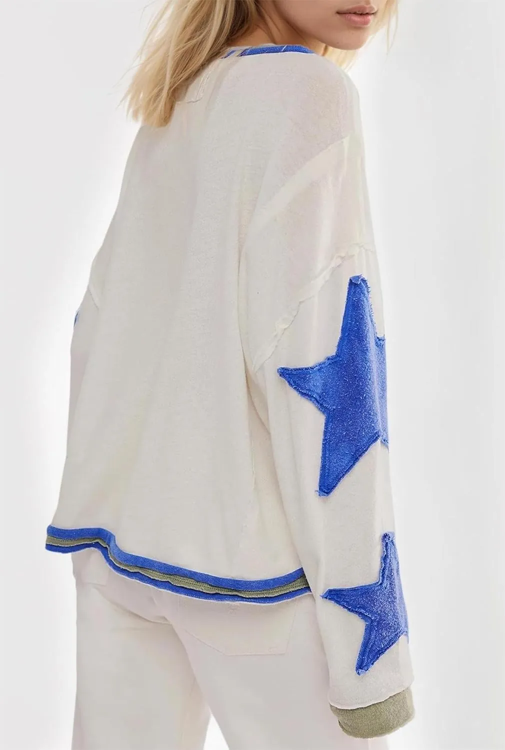 yoeasy Womens Oversized Star Sweatshirts Long Sleeve Crewneck Drop Shoulder Y2k Vintage Graphic Cropped Pullover Tops