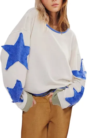 yoeasy Womens Oversized Star Sweatshirts Long Sleeve Crewneck Drop Shoulder Y2k Vintage Graphic Cropped Pullover Tops