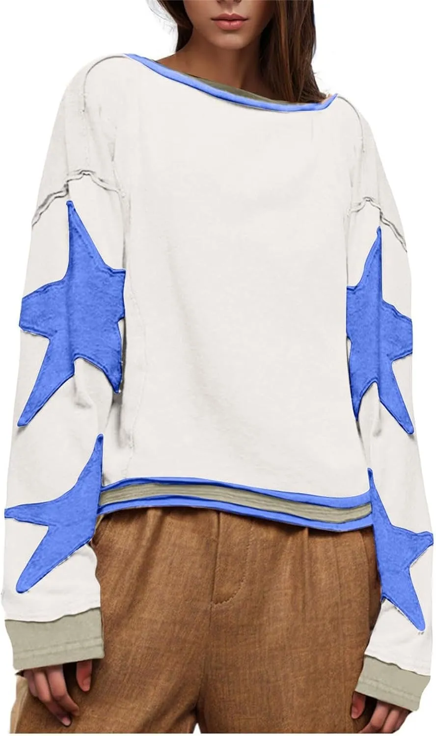 yoeasy Womens Oversized Star Sweatshirts Long Sleeve Crewneck Drop Shoulder Y2k Vintage Graphic Cropped Pullover Tops