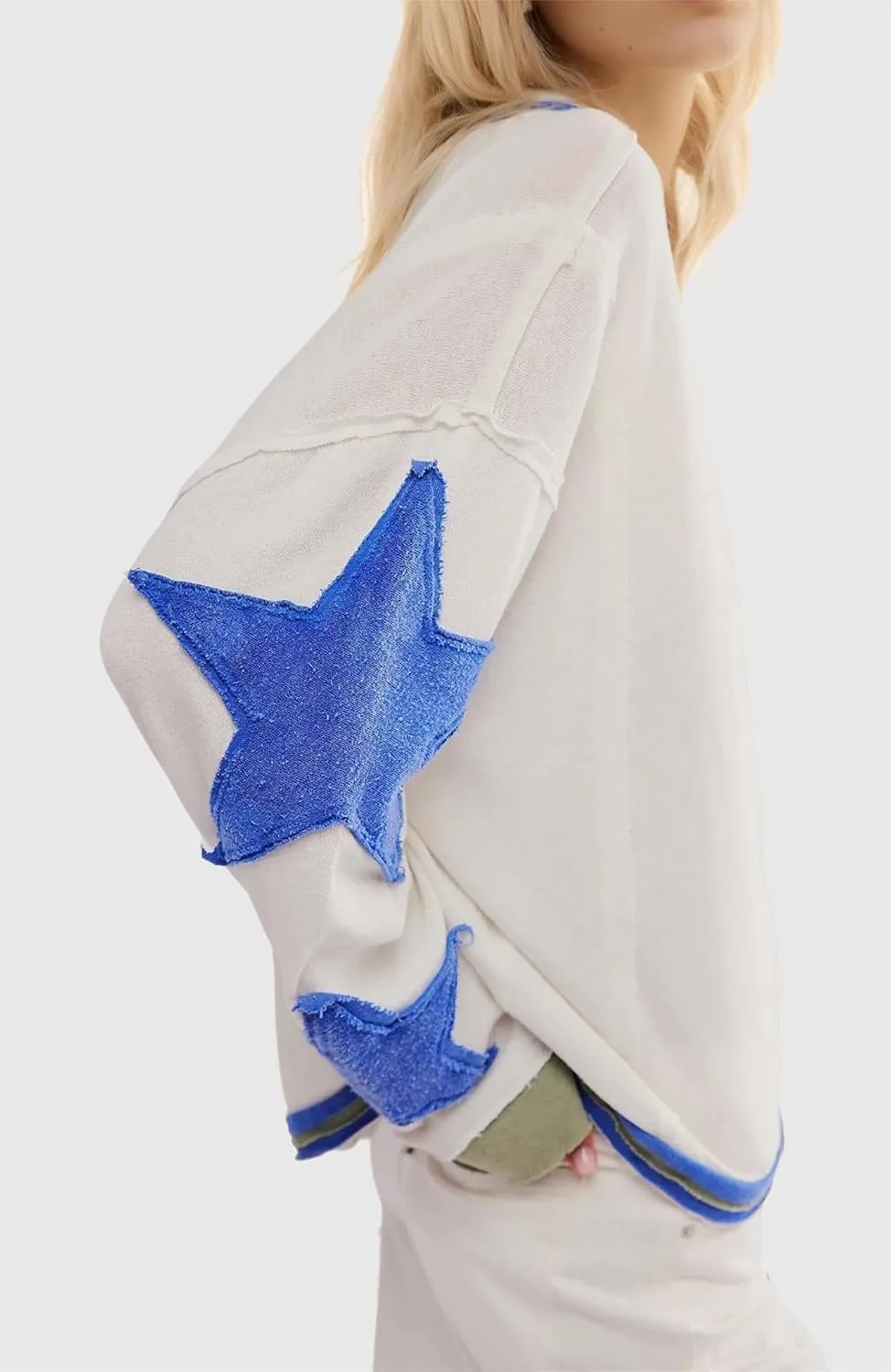 yoeasy Womens Oversized Star Sweatshirts Long Sleeve Crewneck Drop Shoulder Y2k Vintage Graphic Cropped Pullover Tops