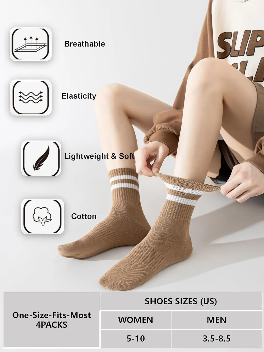 YUWELL Womens Striped Crew Socks, Cotton Cozy Casual Socks for Women 4 Pairs, Size 5-10