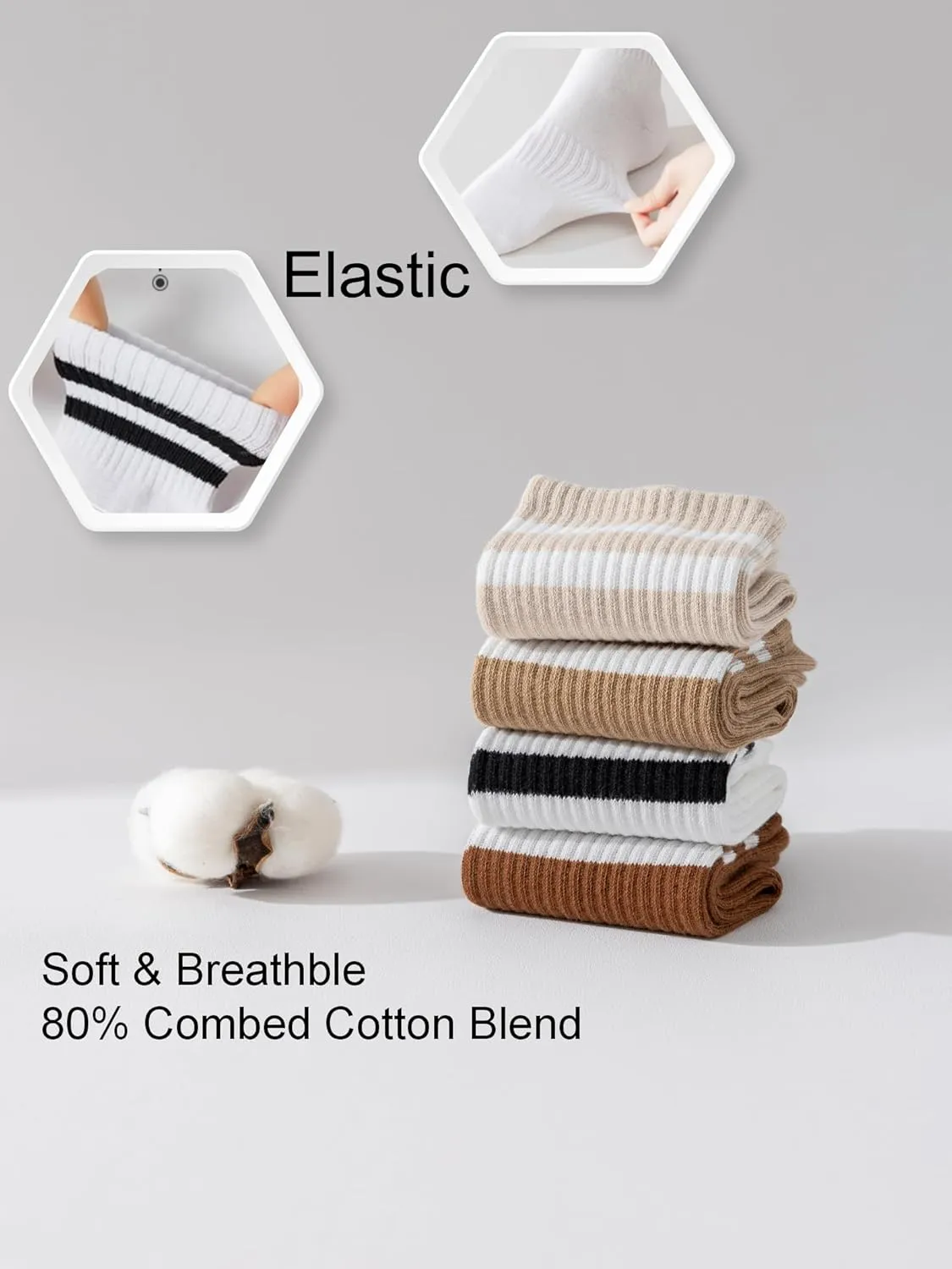 YUWELL Womens Striped Crew Socks, Cotton Cozy Casual Socks for Women 4 Pairs, Size 5-10