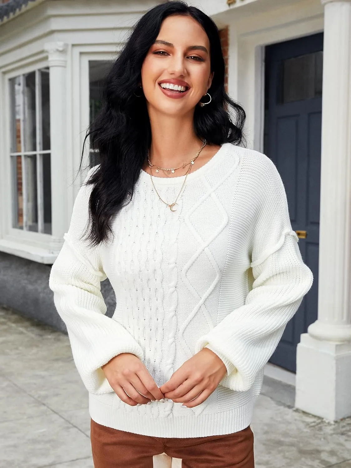 ZAFUL Women Crewneck Sweater Casual Long Sleeve Loose Knit Pullover Tops
