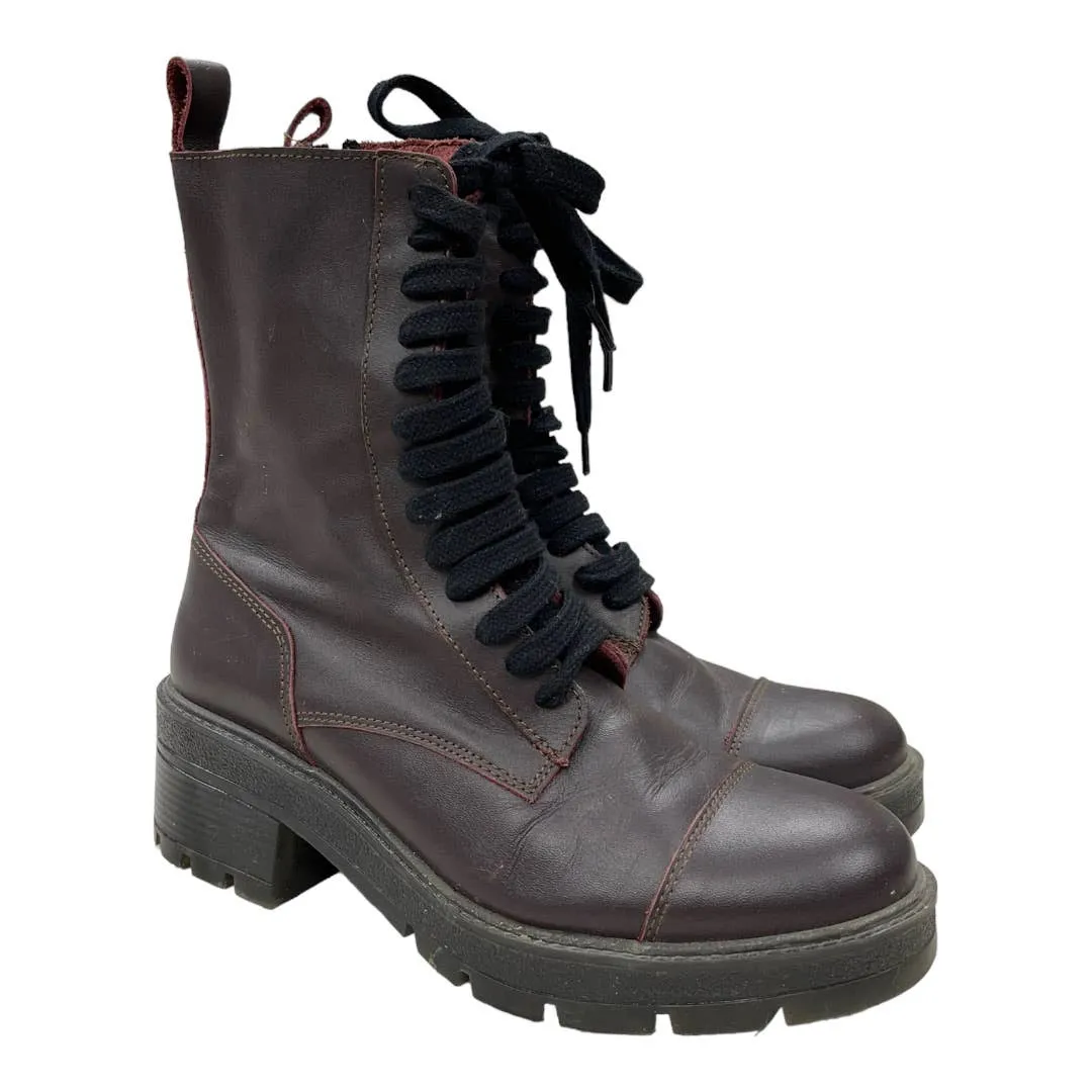 Zara Burgundy Leather Lug Sole Combat BootsSize 38 EU New
