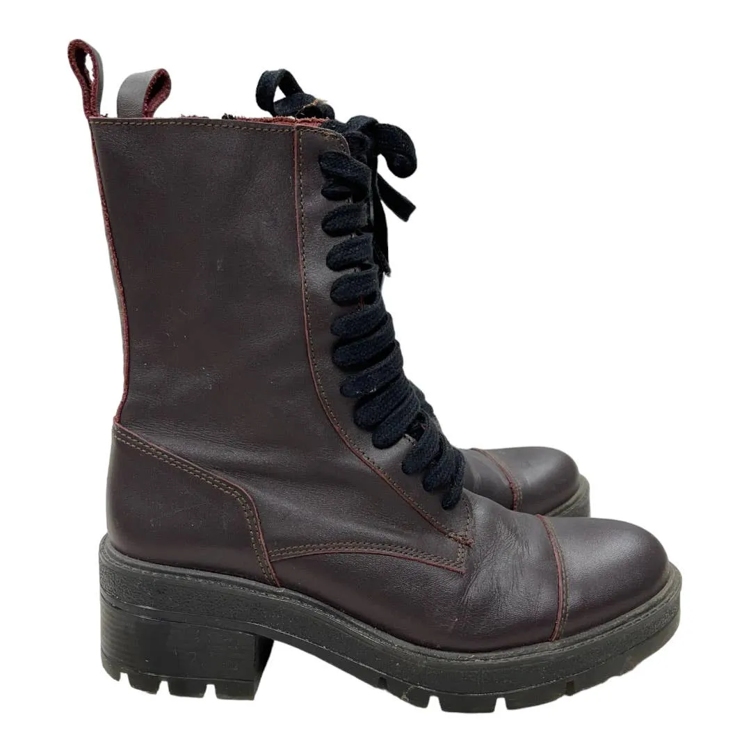 Zara Burgundy Leather Lug Sole Combat BootsSize 38 EU New
