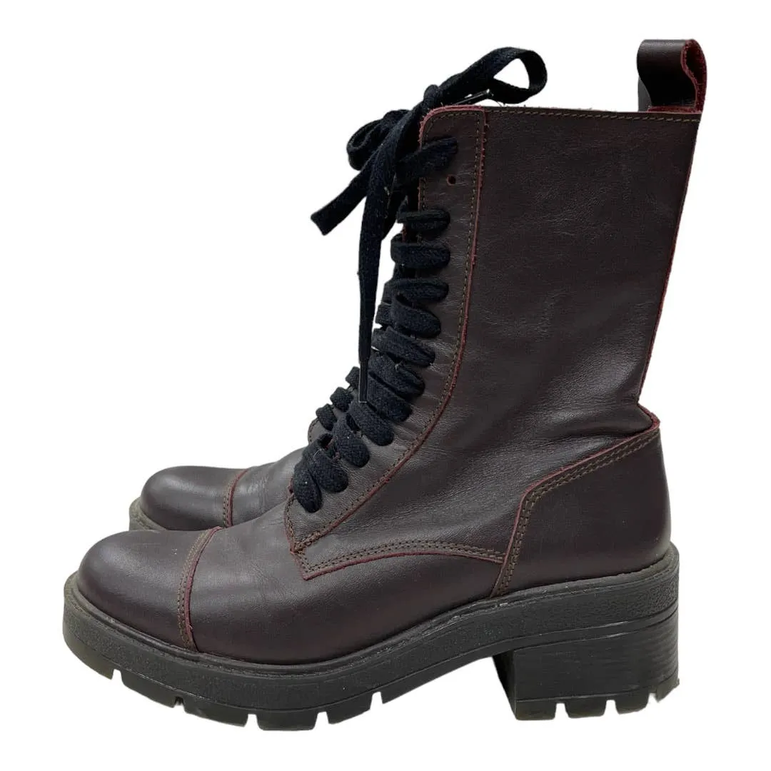 Zara Burgundy Leather Lug Sole Combat BootsSize 38 EU New