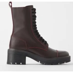 Zara Burgundy Leather Lug Sole Combat BootsSize 38 EU New