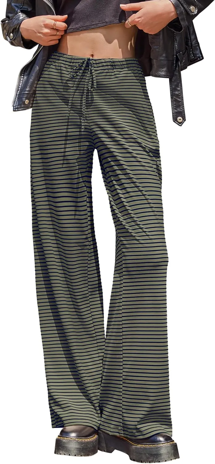 Zwurew Women's Striped Wide Leg Pants Drawstring Elastic Waist Knit Baggy Sweatpants with Pockets