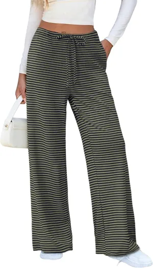 Zwurew Women's Striped Wide Leg Pants Drawstring Elastic Waist Knit Baggy Sweatpants with Pockets