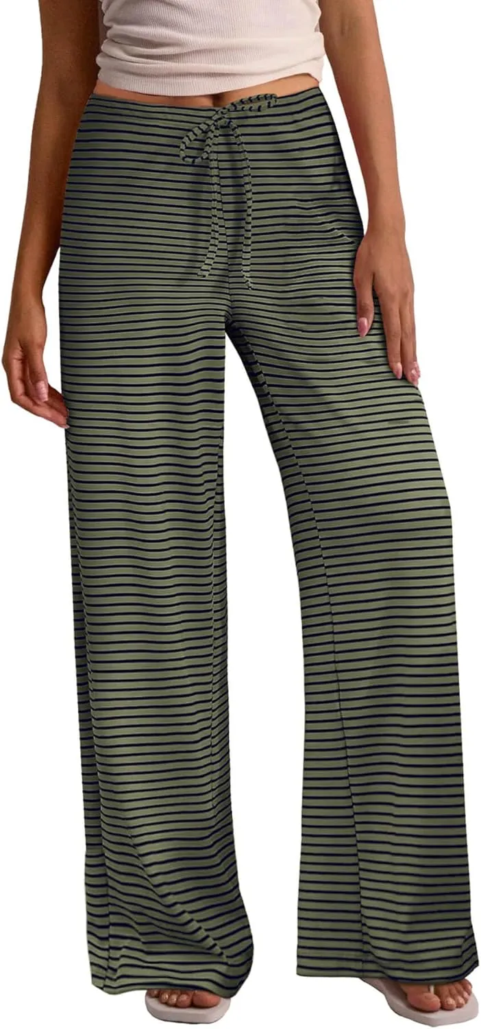 Zwurew Women's Striped Wide Leg Pants Drawstring Elastic Waist Knit Baggy Sweatpants with Pockets